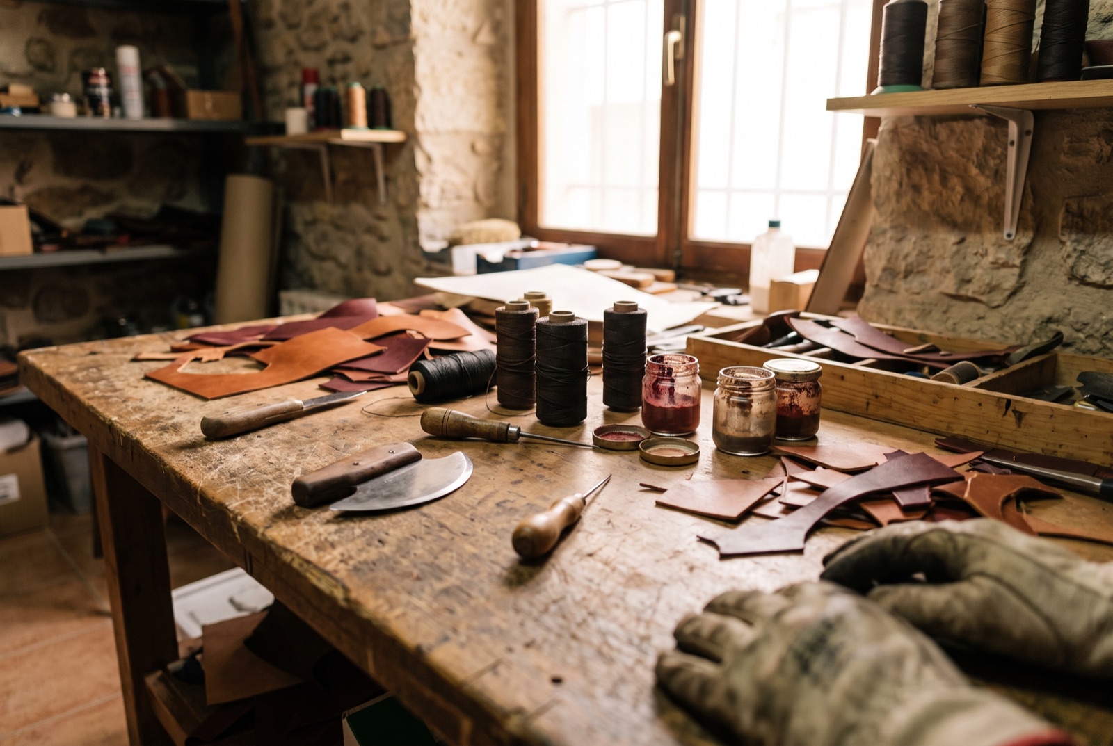 Pieles curtidas apiladas sobre la mesa del taller