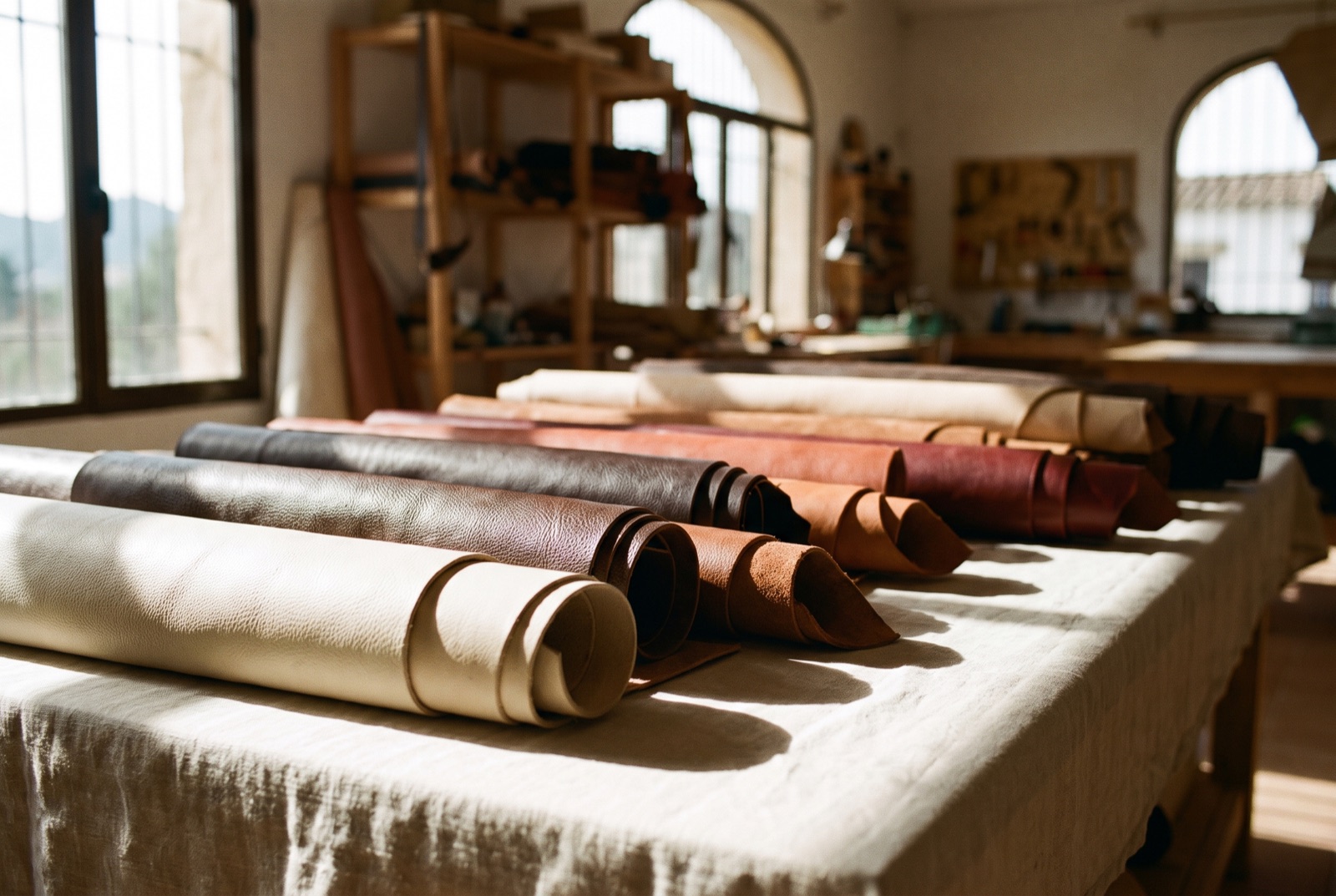 Pieles curtidas enrolladas sobre una mesa de lino en el taller